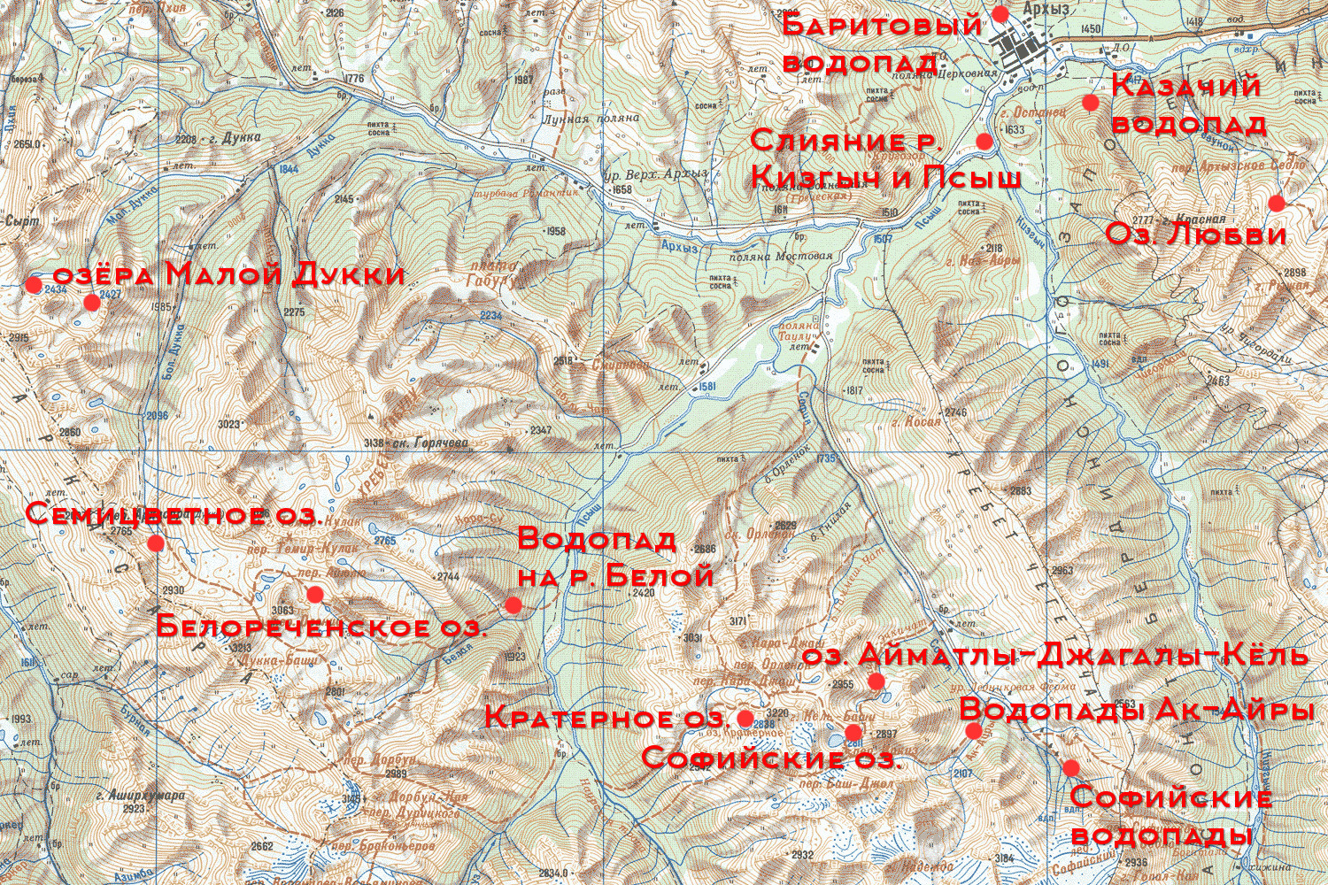 Карта достопримечательностей Архыза